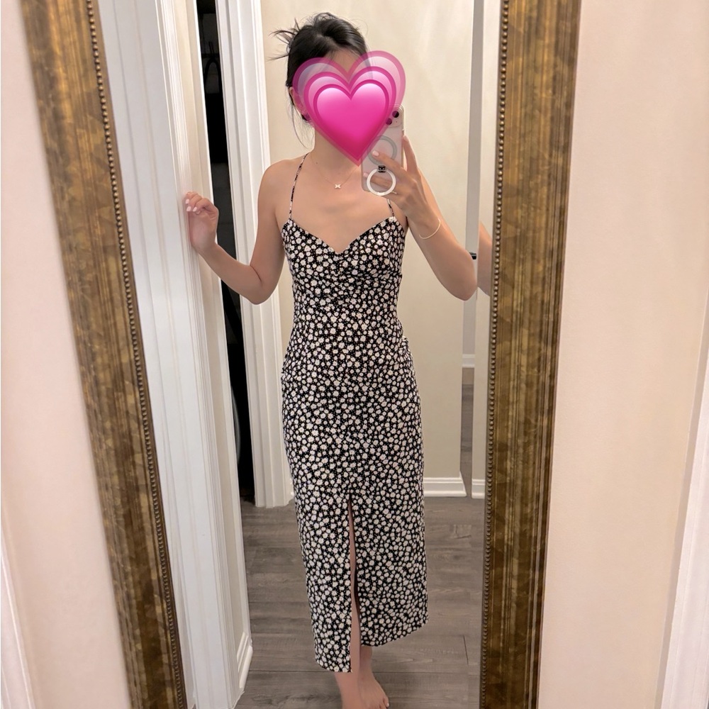Zara Black Midi Dress with White Floral Print